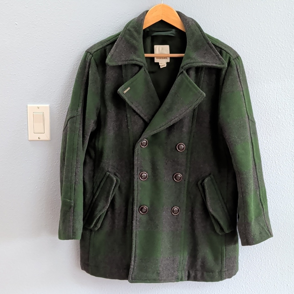 Diesel Green Plaid Wool Blend Double-Breasted Women's Coat